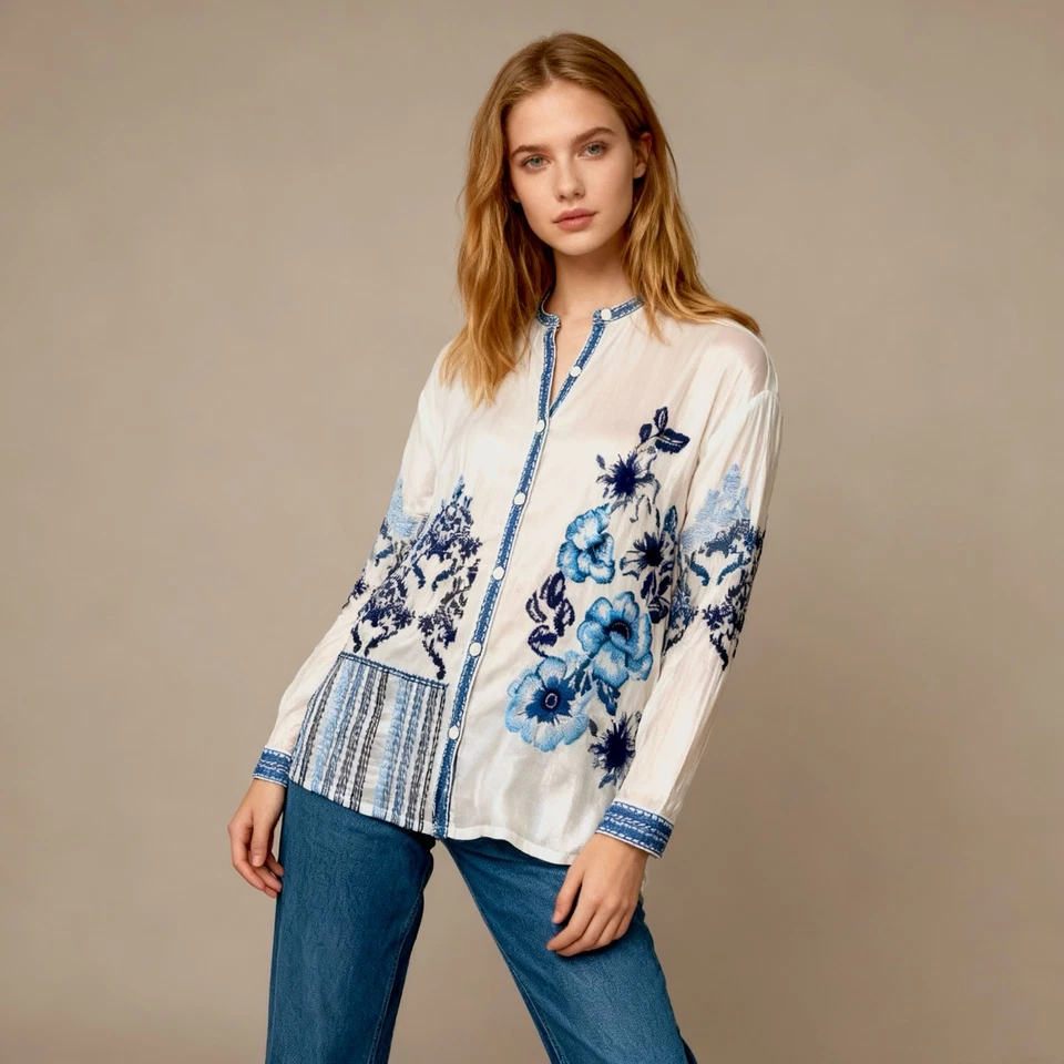 全新带标签 Johnny Was 刺绣花卉长袖上衣衬衫衬衫,尺寸 XXL 蓝色 — 第 2/4 张图片