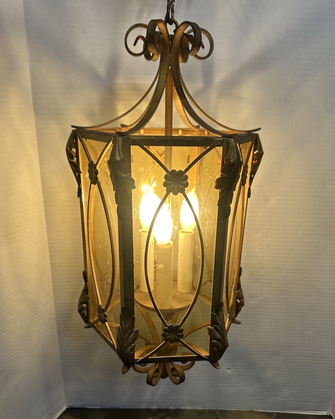MCM Italian Hollywood Regency 3 Light Hexagon Chandelier Pendant Lantern - Rare