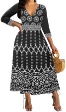 African Dresses for Women Elegant V Neck 3/4 Sleeve Casual Long Maxi African ...