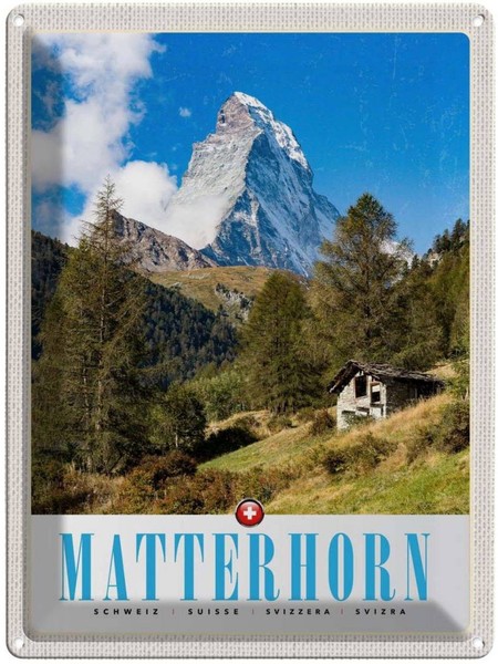 Blechschild 40X30 Cm Matterhorn Schweiz Urlaub Wald Gebirge Schnee Bildmotiv Rei-image
