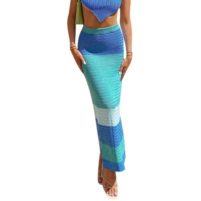 Micas Colorblock Maxi Knit Skirt in Blue, Size M