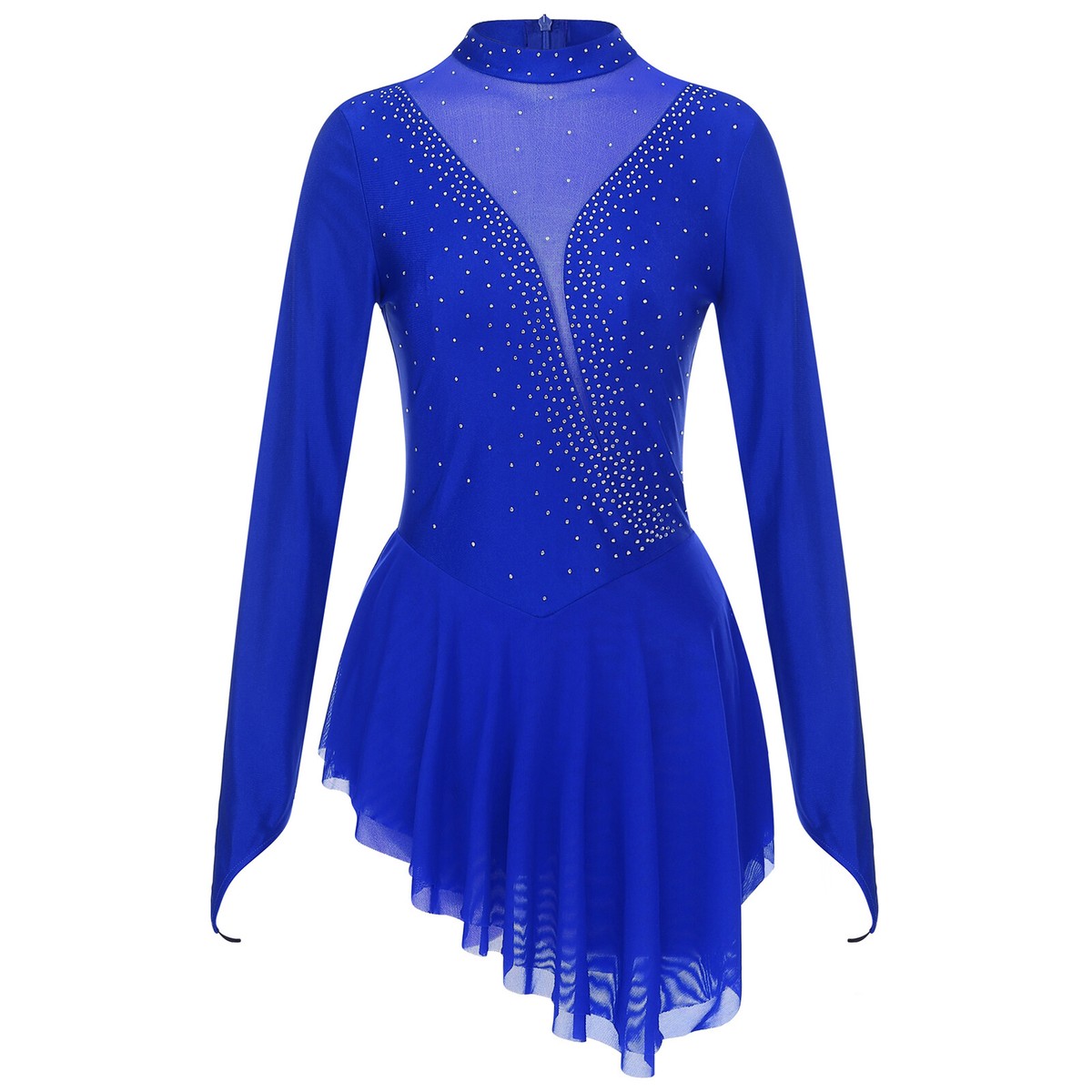 Women's Rhinestone Figure Skating Dress - Long Sleeve Mesh Dancewear For Performances