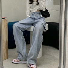 Women's Jeans with Broken Holes and Irregular Straight Tube Loose Wide Leg Pants