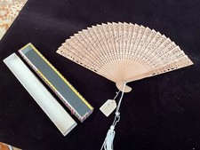 Vintage Oriental Folding Wood Filigree Carved Fan; Original Glass Top Box; 14x8  