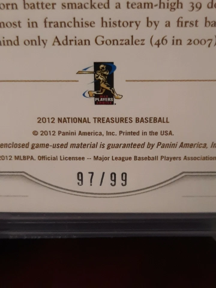 2012 Panini National Treasures Treasure Materials #97/99 Yonder Alonso #50 - Image 3 of 4