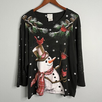 Morning Sun Women's 2XL Black with Embellished Snowman Cardinals 3/4 Sleeve Top