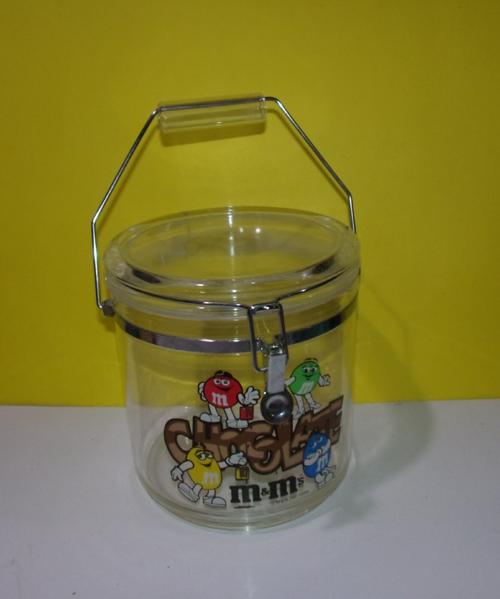 1998 M&Ms Clear Plastic Canister Jar Metal Close Lock Lid Rubber