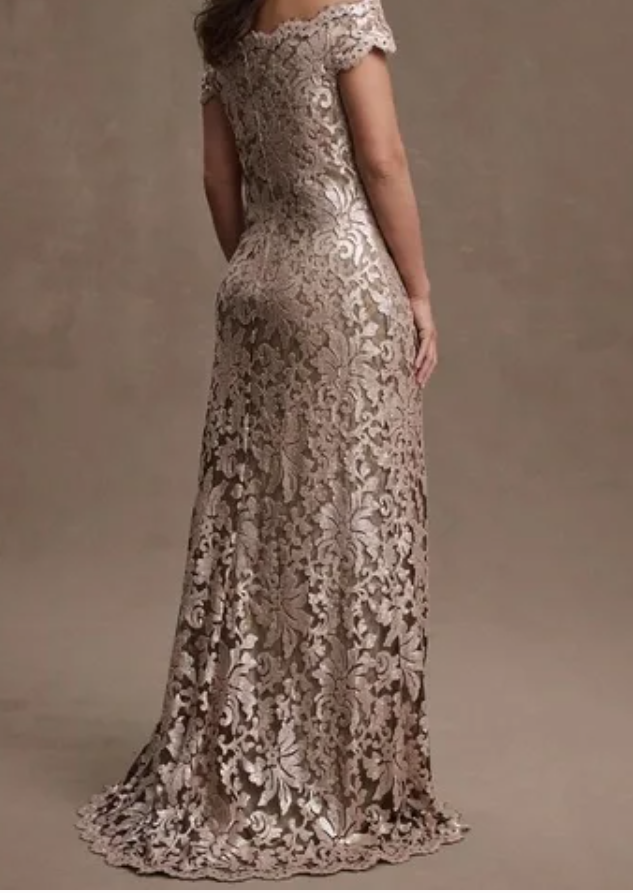 Tadashi Shoji Oidette Gold Sequin Lace Overlay full length formal dress |  eBay
