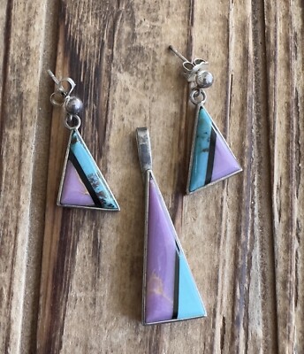 Navajo H&U Thompson Phosphosiderite & Turquoise Sterling Silver Pendant Earrings
