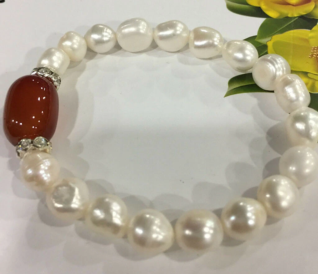 VALENTINO Bracciale 9 10mm bianco perle coltivate Akoya e gemme ovali agata rossa 12x16mm 7 5''