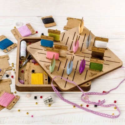 Plywood Needlework Box + 46 spools Needlework Organizer Thread/Floss organizer