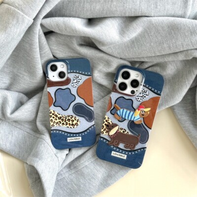 Multicolor denim patchwork iphone15 case with two embroidered dachshund design