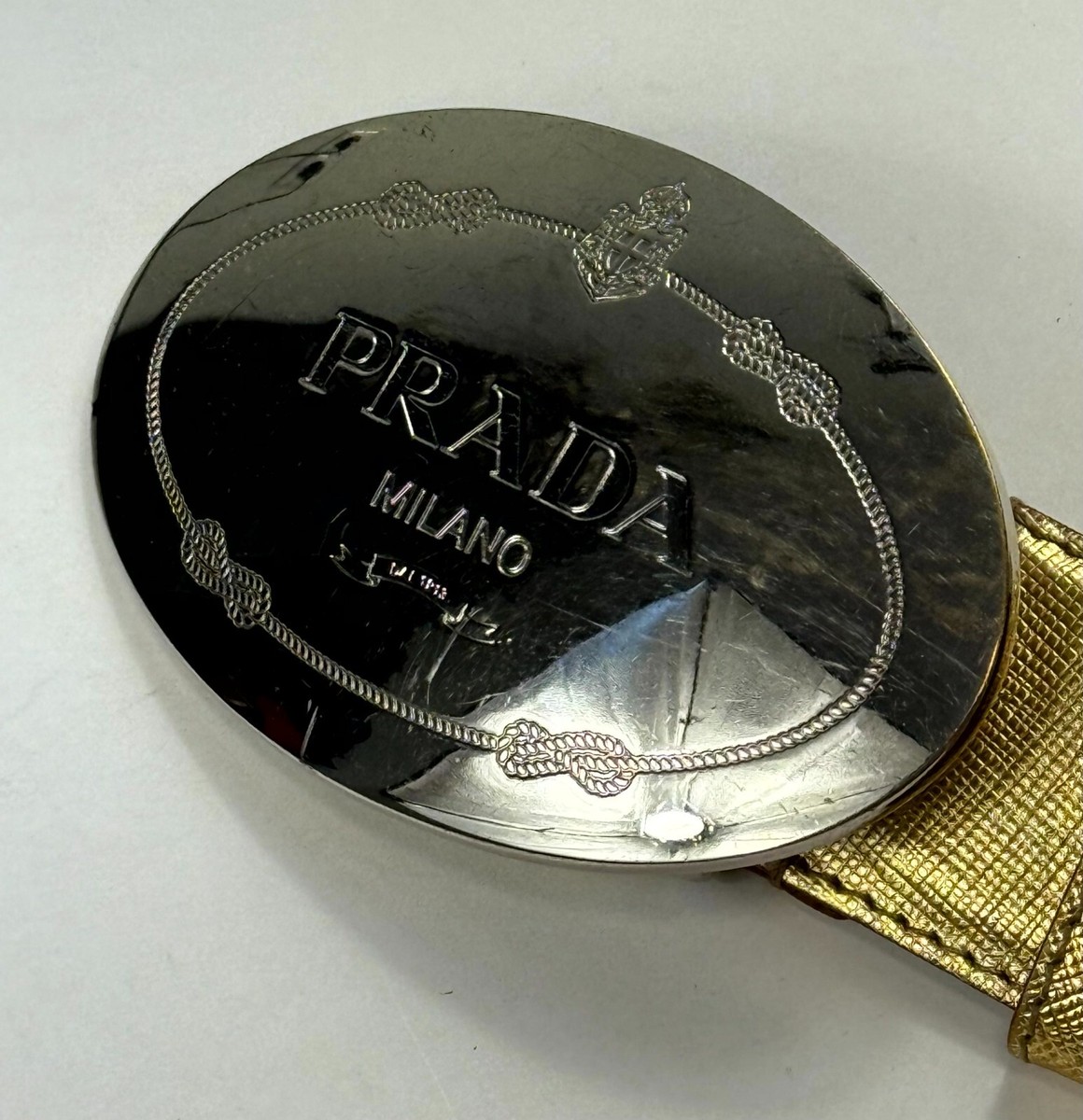 Prada Western Style Saffiano Leather Gold Men Belt Size 85