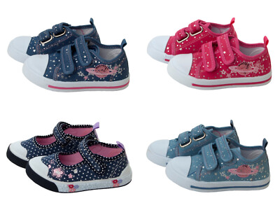 GIRLS GLITTER FLORAL DENIM CANVAS SUMMER PUMPS TRAINERS SHOES KIDS