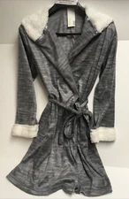 Capelli New York Gray Light Stripes  Belted Kimono Robe Hooded collar NWT