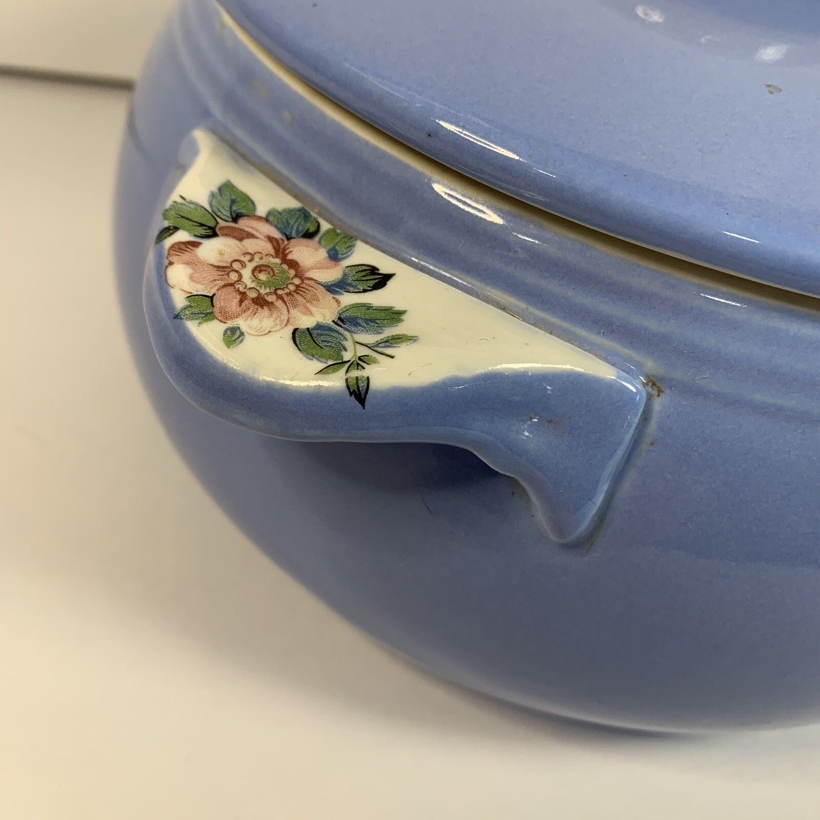 Vintage Hall China Co Kitchenware Handled Blue Casserole in Rose Parade with Lid