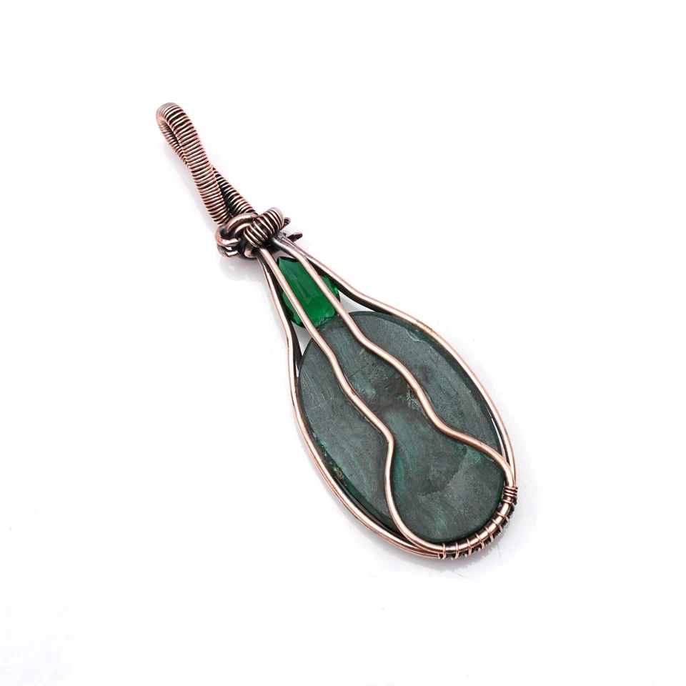 Ciondolo in malachite con filo di rame avvolto in gioielli fatti a mano 2,15" - Immagine 4 di 4