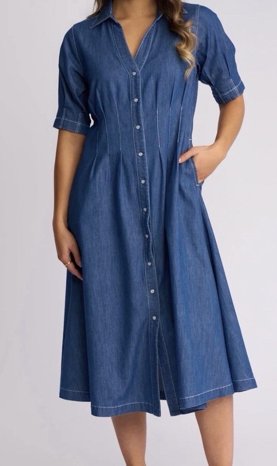 Vassalli Blue Solid Denim Shirt Dress Collared Button-Front Midi Pockets 12