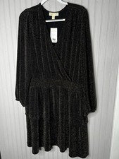 Michael Kors Dress Womens 2X Black Gold Smocked Waist Metallic Long Sleeve Party