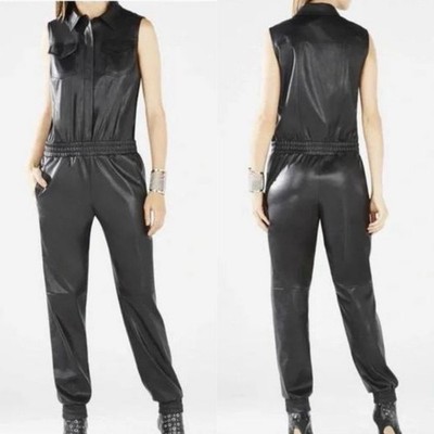 BCBGMAXAZRIA Lorna Black Faux Leather Sleeveless Jumpsuit Size Small