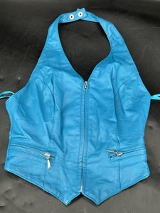 Vintage Wilson Leather Halter Top Turquoise Blue Zip Up Biker Babe Top Size S
