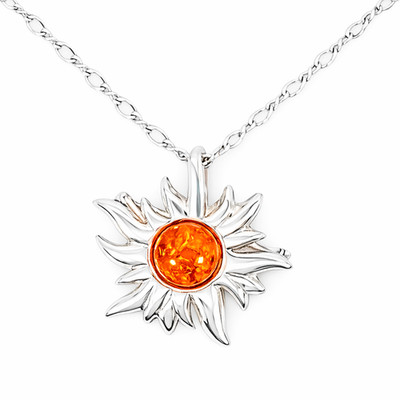 Vintage 925 Sterling Silver Citrine Baltic Amber Sun Rare Necklace / Brooch