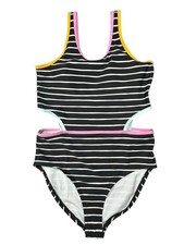 DSG Girls One-Piece Cutout Swimsuit Black  White Stripe Multicolor Trim Size XL