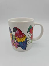 Agiftcorp Vtg 80’s Tropical Jimmy Buffett Parrots Ceramic Coffee Cup Vivid Color