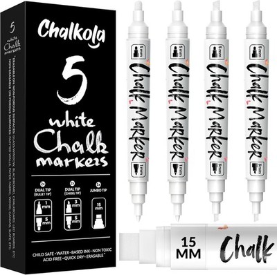 Chalkola 5 White Chalk Markers - Dual tip, Fine & Jumbo Tip (1mm, 3mm, 5mm,... 
