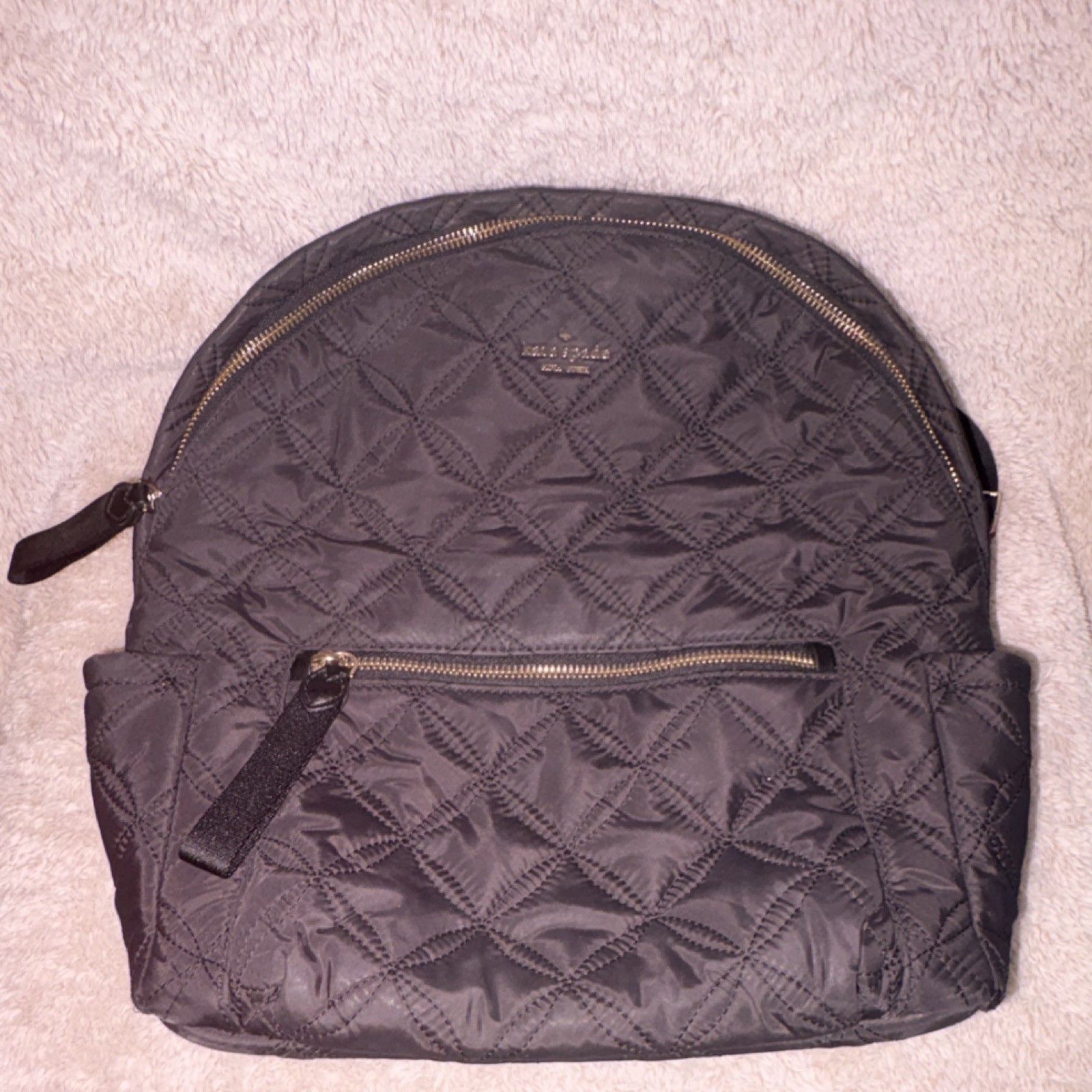 Kate Spade New York Black Backpack, Quilted Finish, Zip Closure, Gold Hardware