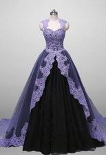Gothic Purple and Black Wedding Dresses Lace Appliques A-Line Black Ball Gowns