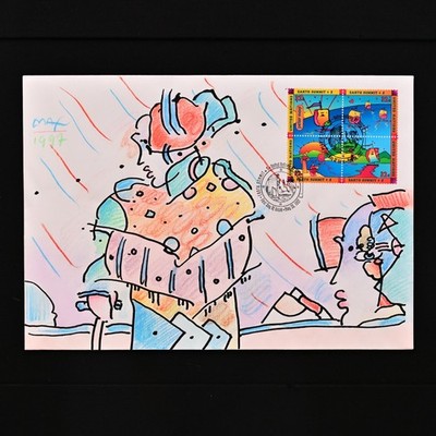 PETER MAX Original Vintage Signed Lady with Profile Mixed Media Collage Painting