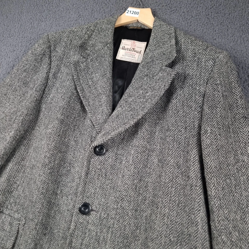 HARRIS TWEED Coat Mens L Large Grey Long Overcoat Wool Herringbone JOS A BANK - Image 2 of 4