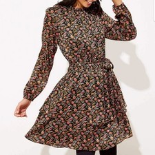 LOFT Floral Ruffle Flare Dress Womens S Black Shimmer NWT Boho Romantic Party