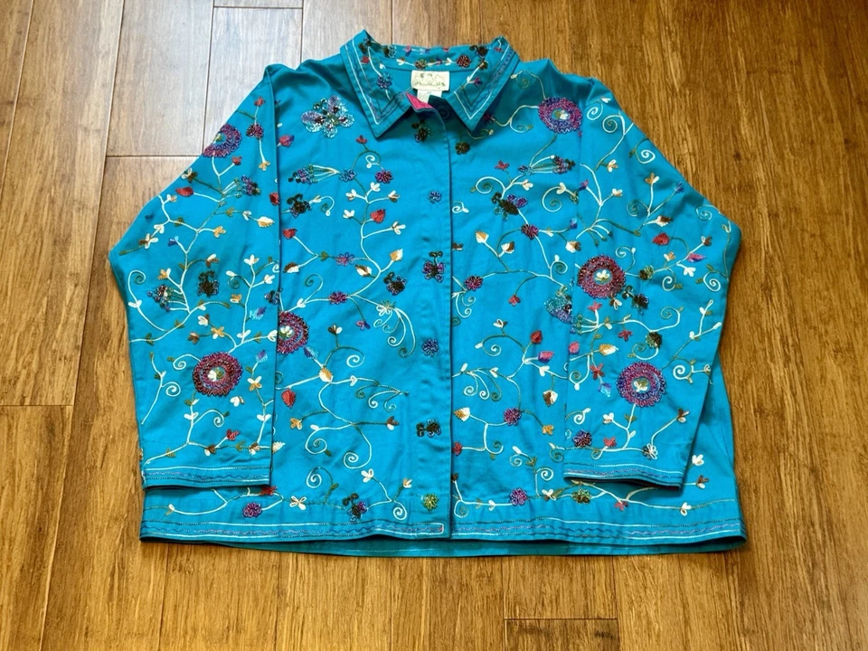 Beaded Button-Down Jacket – Y2K Art-to-Wear Style, Quacker Factory, Size 2X - Image 4 of 4