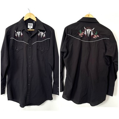 VTG Ely Cattleman Western Snap Shirt Bull Skull Embroidered Black M Rockabilly