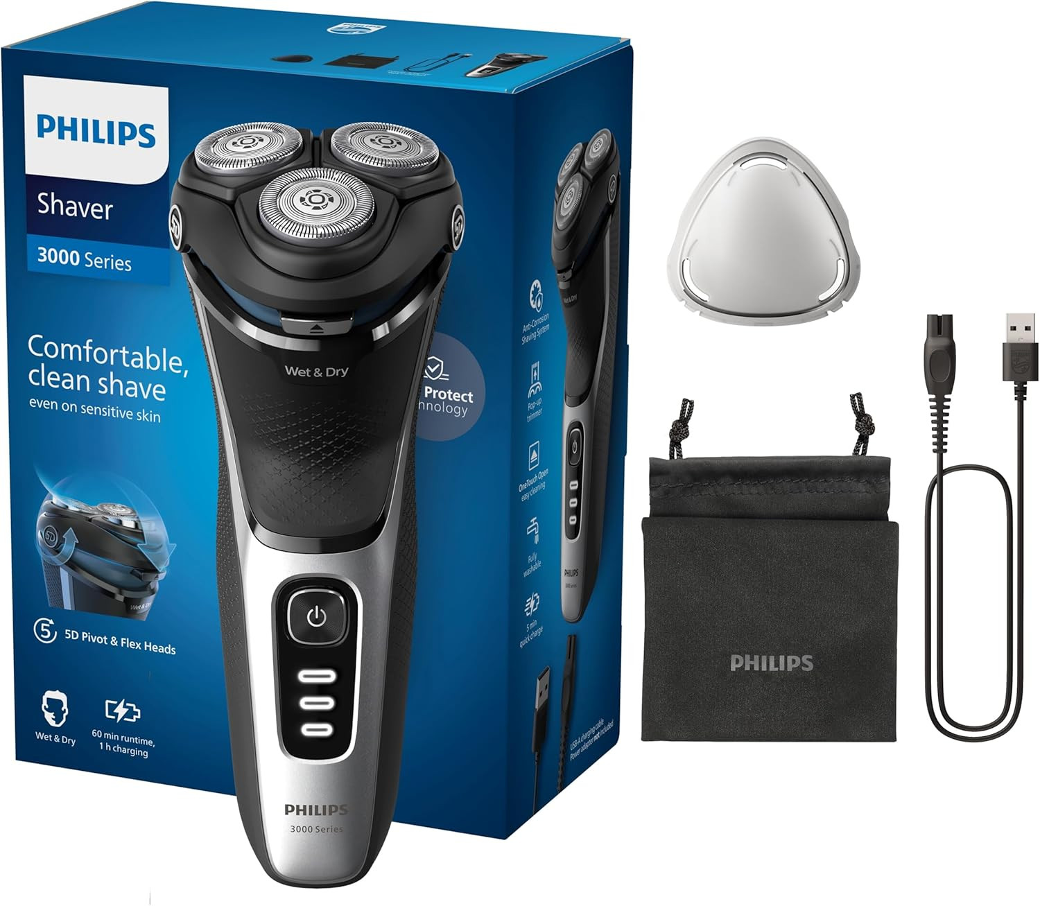 Philips Electric Shaver 3000 Series - Wet & Dry Electric Shaver for Men with Ski