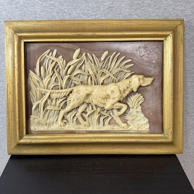 Dante Incolay Stone Hunting Pointer Dog Framed Wall Plaque 1970s Retriever 3D