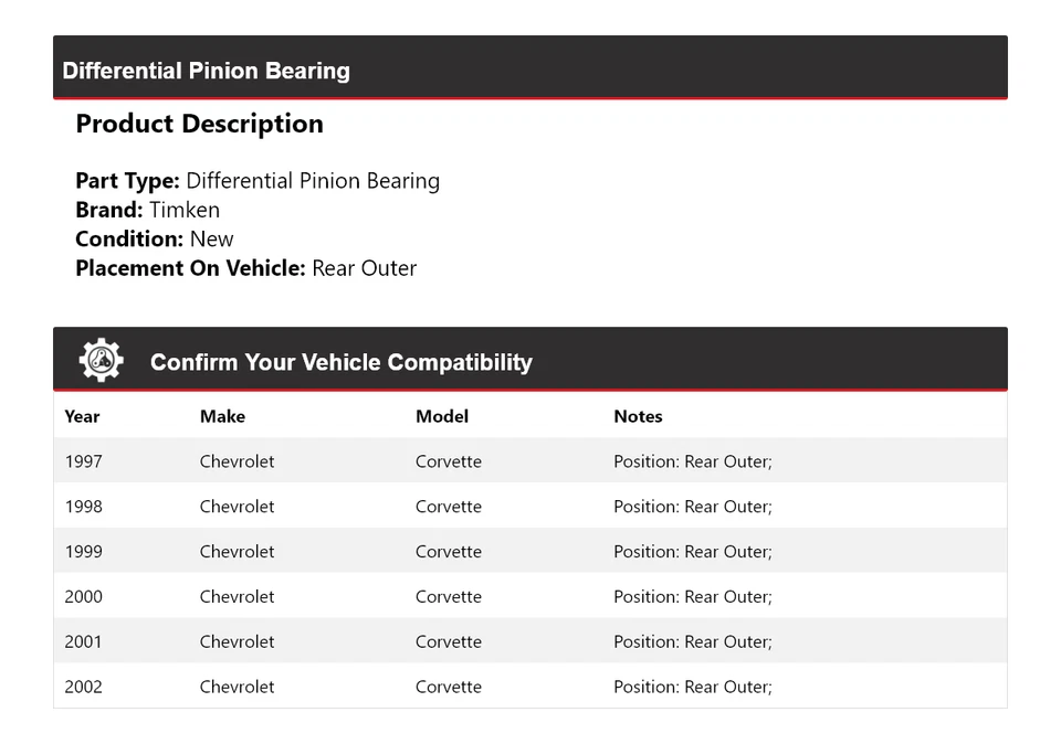Cojinete de piñón diferencial trasero exterior Timken para Chevrolet Corvette 1997-2002 Foto 2 de 4