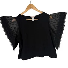 Rose & Grey Slub Tee Womens L Black Feminine BOHO Romantic Ethereal Lace Sleeve