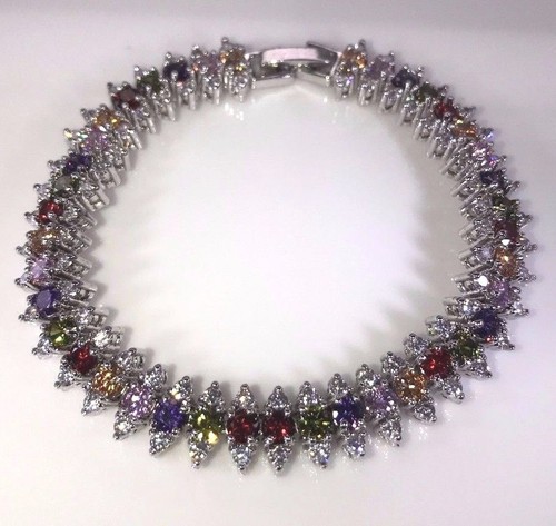 Sterling Silver Finish Rainbow Topaz CZ & White Cubic Zirconia Tennis Bracelet - 第 2/4 張圖片