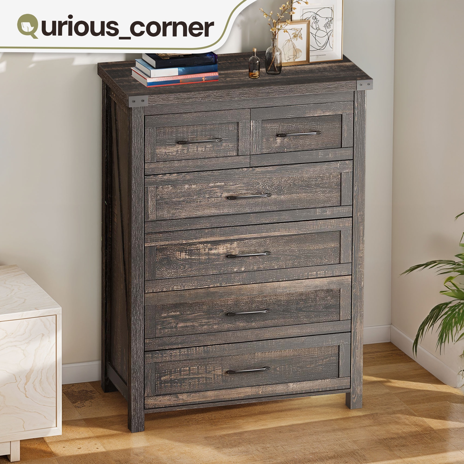 Tall 6 Drawer Dresser Dark Wood Storage Chest Bedroom Furniture Storage Cabinet