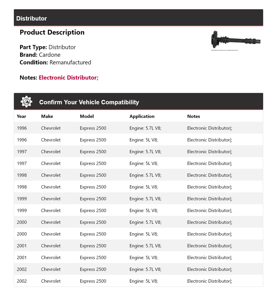 For 1996-2002 Chevrolet Express 2500 Distributor Cardone 1997 1998 1999 2000 - Image 2 of 4