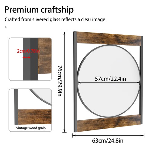 Retro Unique Wooden Bathroom Vanity Mirror Accent Mirror w/ Rustproof Iron Frame - Picture 10 of 12