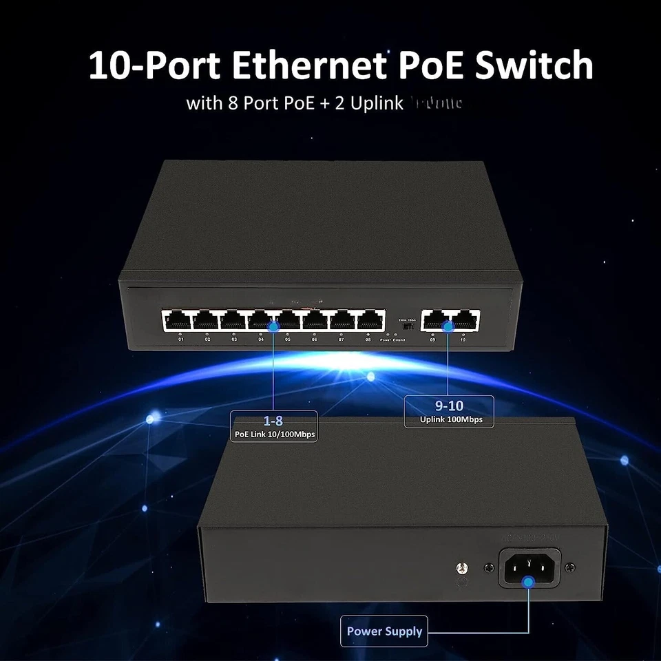 8 Port PoE Switch With 2 Uplink 120W Extend to 250 Meter Unmanaged 803.af/at - Image 3 of 4
