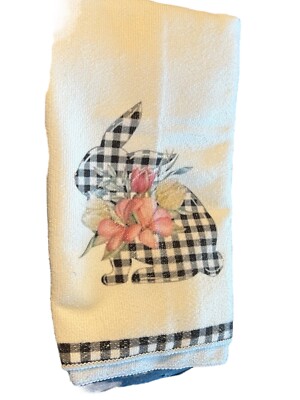 Easter Themed Kitchen Towel, White, B/W Check Bunny And Trim, Pink Flowers 