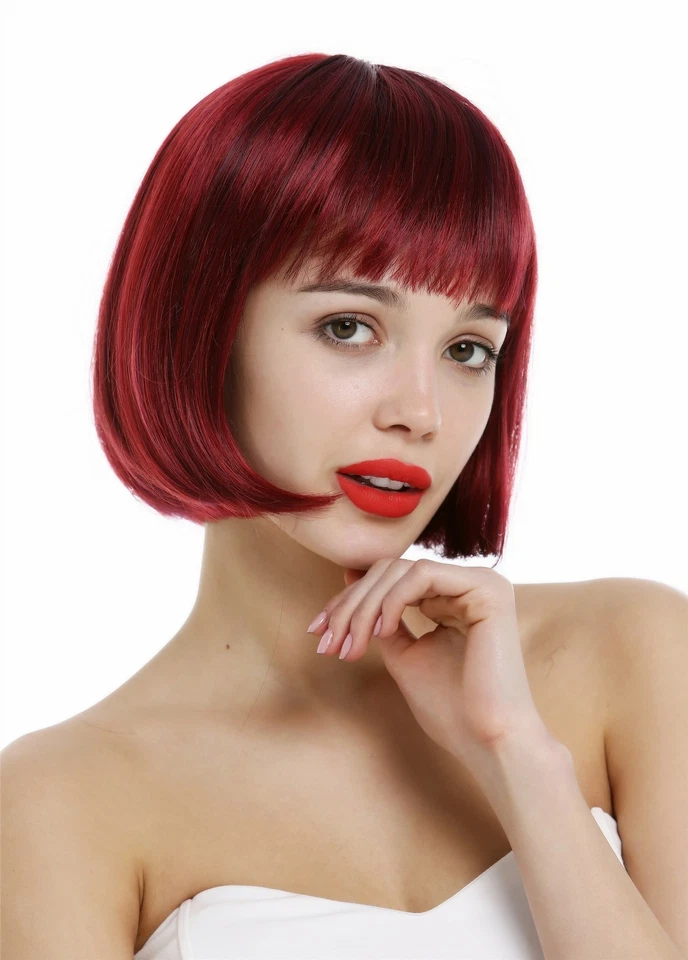 Perücke Damen Frauen kurz klassischer Bob gerader Pony glatt Rot Granatrot