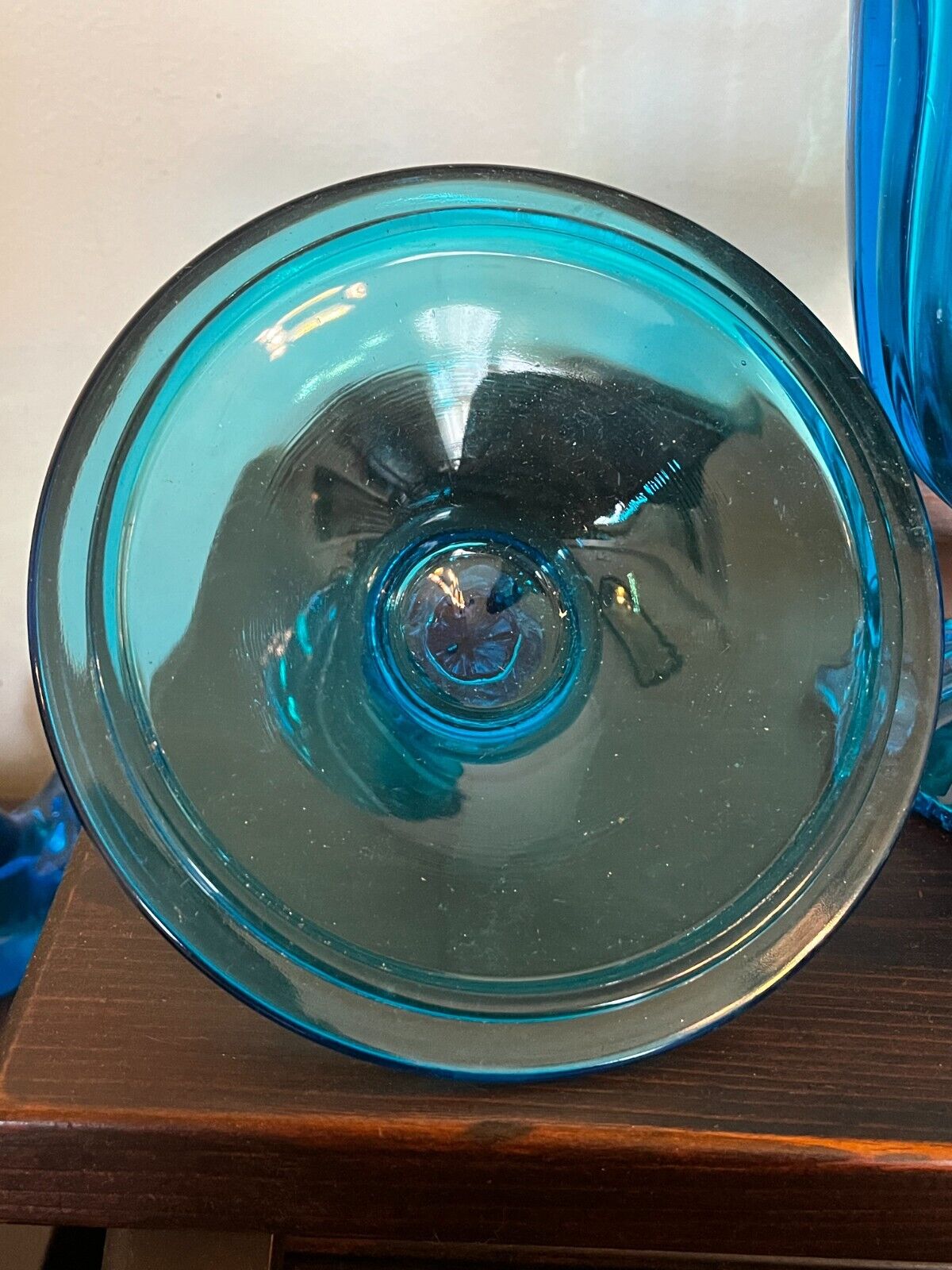 LE SMITH SIMPLICITY LIDDED MCM CANDY DISH APOTHECARY PEACOCK BLUE VINTAGE GLASS