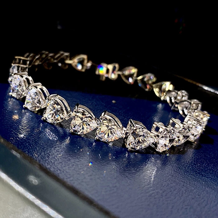 Romantic Love Heart Shinny White Fire Topaz Gems Women Silver Charm Bracelets - Image 3 of 4