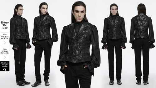 Punk Rave Men Black Goth Exquisite Jacquard Flip Collar Vest Slim Fit Waistcoat - Picture 4 of 40